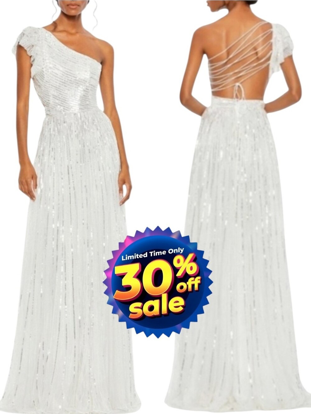 Mac Duggal White Sequin One Shoulder Flutter Sleeve Gown Dress 14